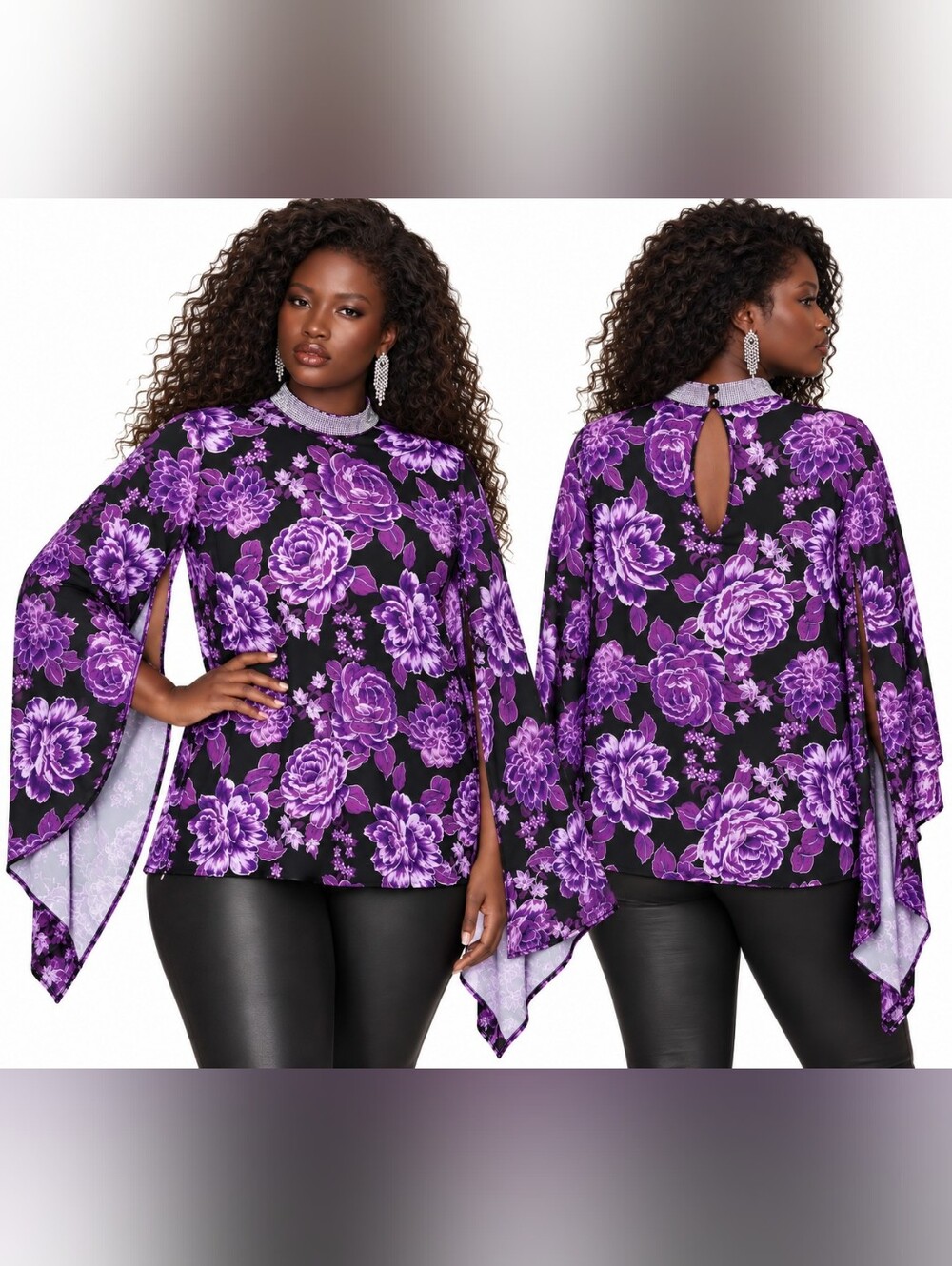 NWT Ashley Stewart Purple Floral Crystal Mock Neck Split-Sleeve Top 18/20
